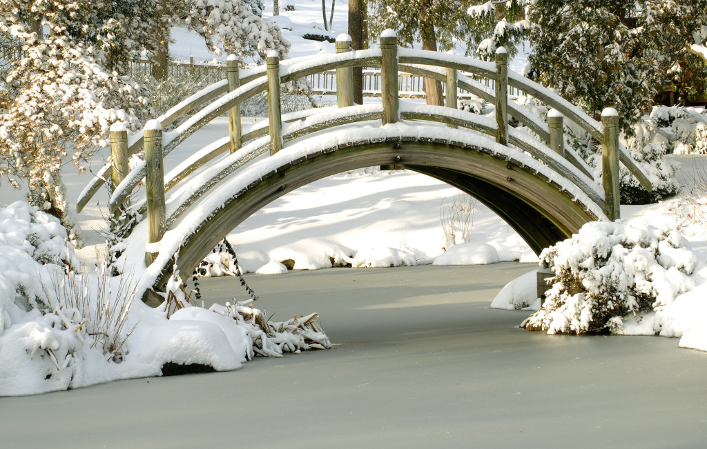 snowy footbridge over frozen pond